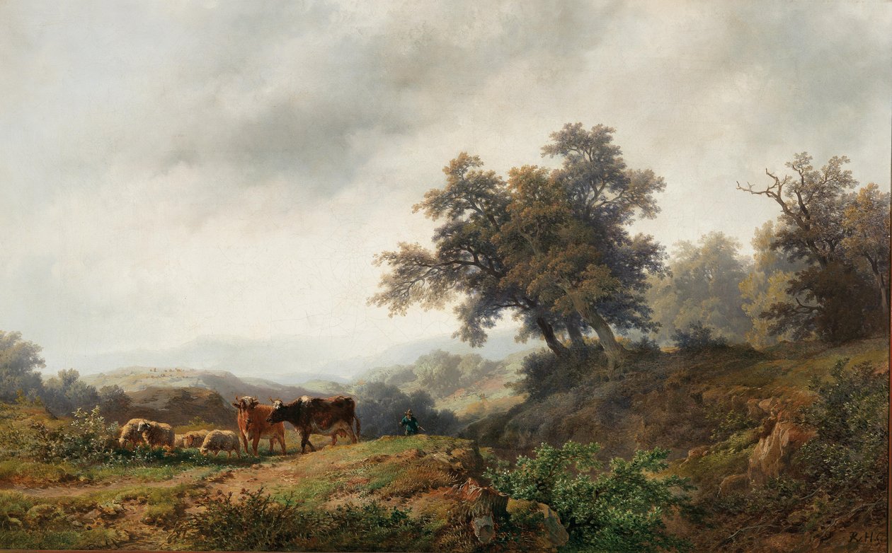 Offene Landschaft mit Kühen und Hirte von Remigius Adrianus Haanen