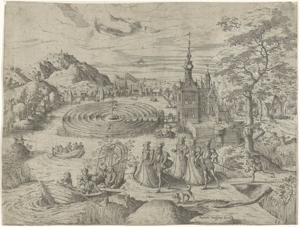 Landschaft mit Gesellschaft, die in ein Boot steigt von Remigius Hogenberg