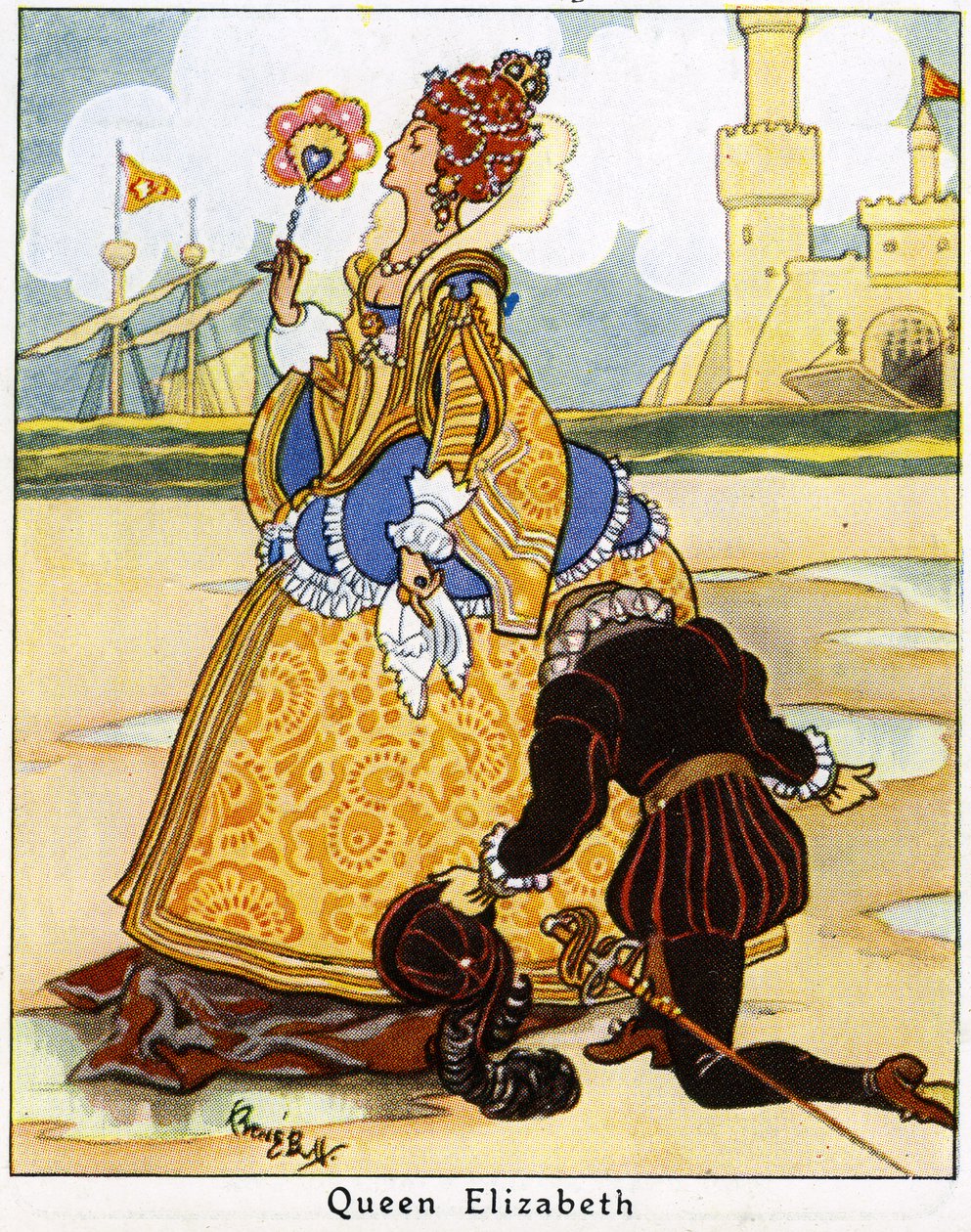 Sir Walter Raleigh legt seinen Mantel vor Königin Elisabeth I. über eine Pfütze, 1936 von René Bull