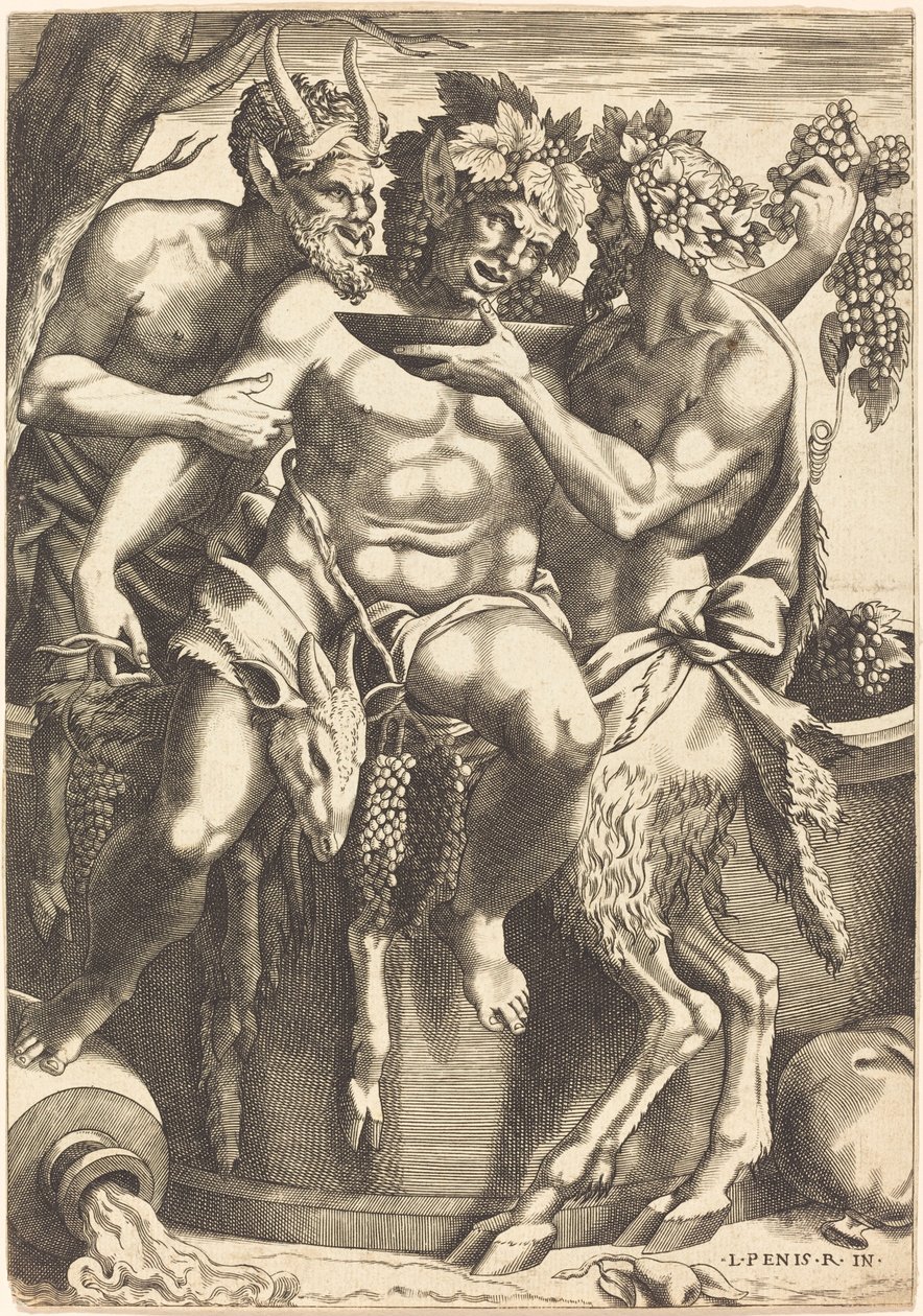 Zwei Satyrn geben Bacchus zu trinken von René Boyvin after Luca Penni