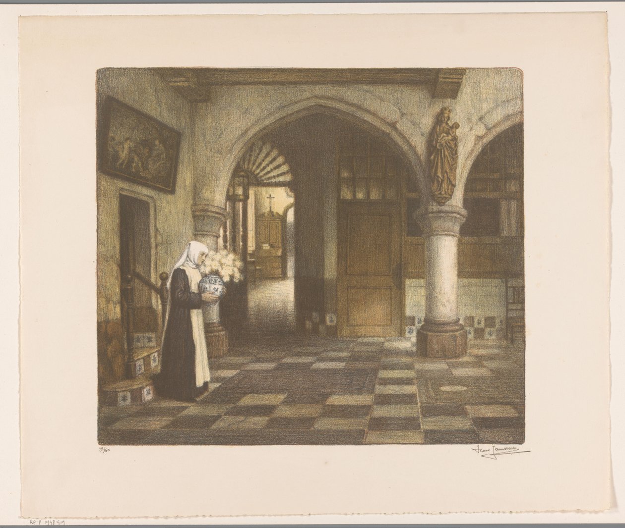 Nonne in einem Klosterflur mit einer Blumenvase von René Janssens (signed by artist)
