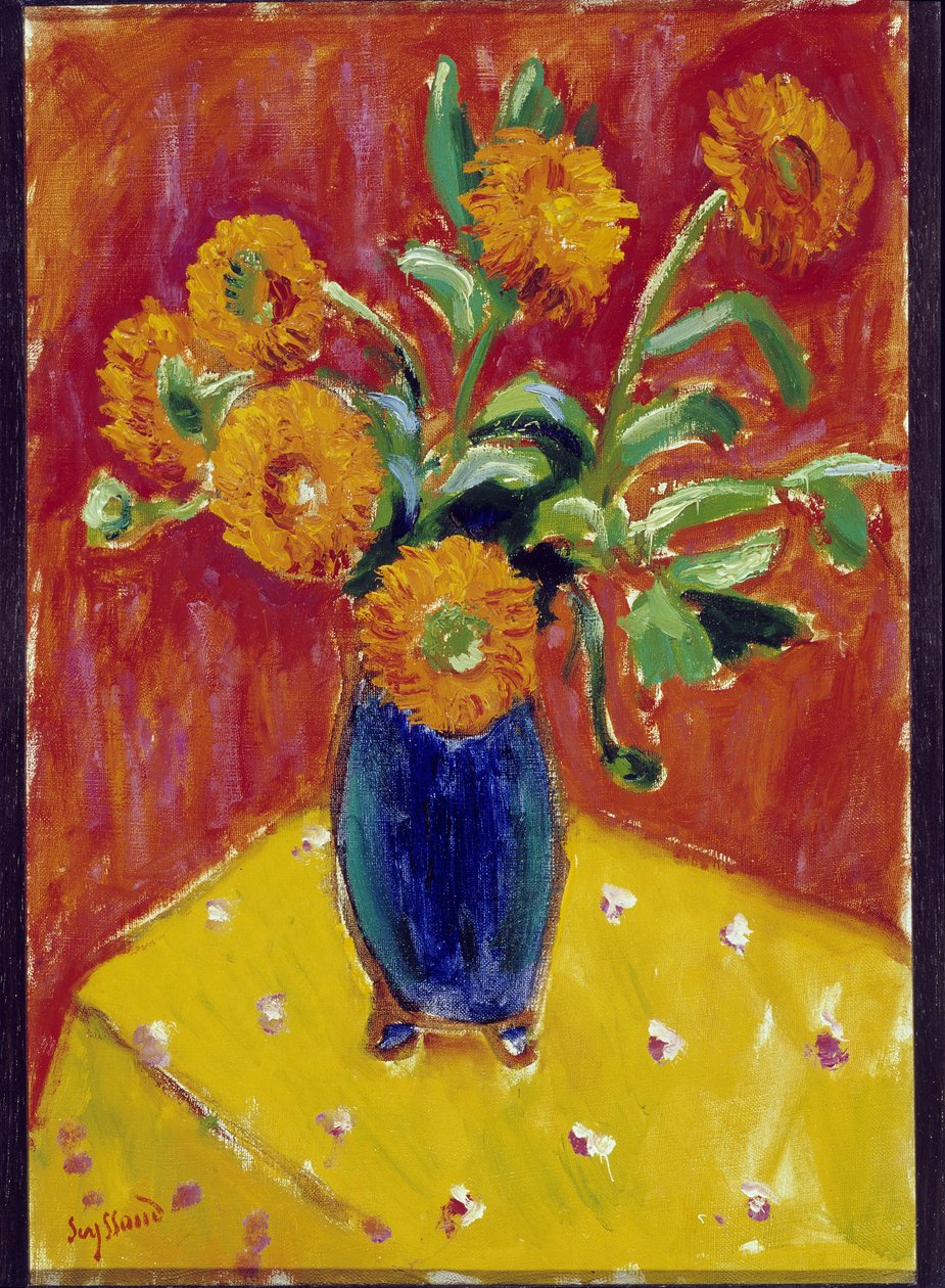 Blumenstrauß aus Pfingstrosen in einer blauen Vase von Rene Auguste Seyssaud