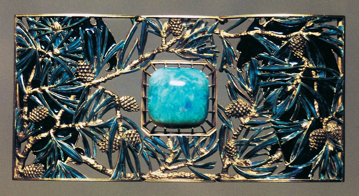 Adler unter den Kiefern, goldener, opal- und emaillierter Anhänger von Rene Jules Lalique