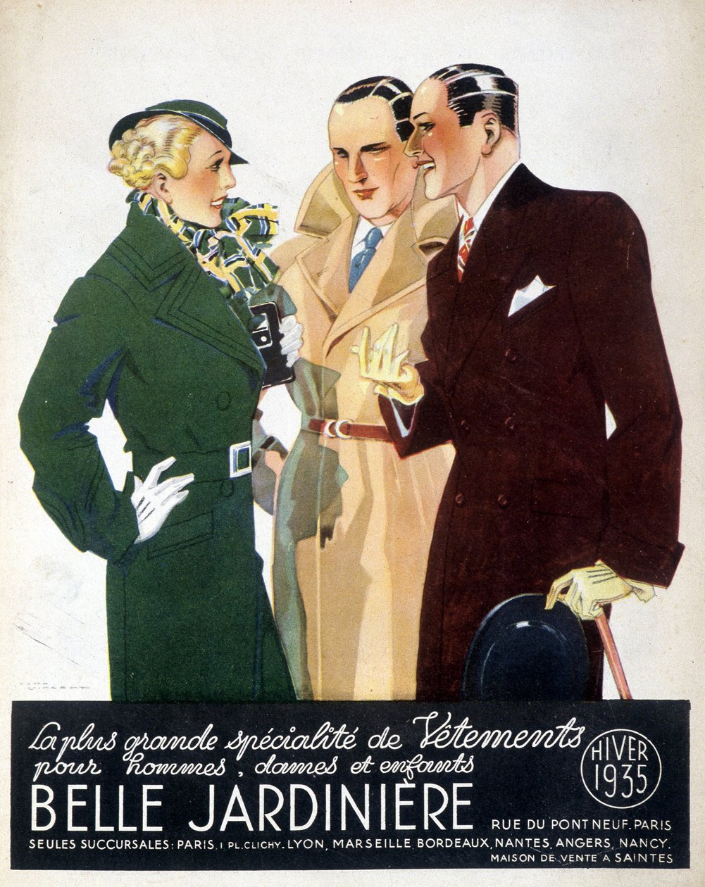 Werbung für „Die größte Spezialität der Kleidung für Männer, Damen und Kinder Belle Jardinière“, Winter 1935 von Rene Vincent