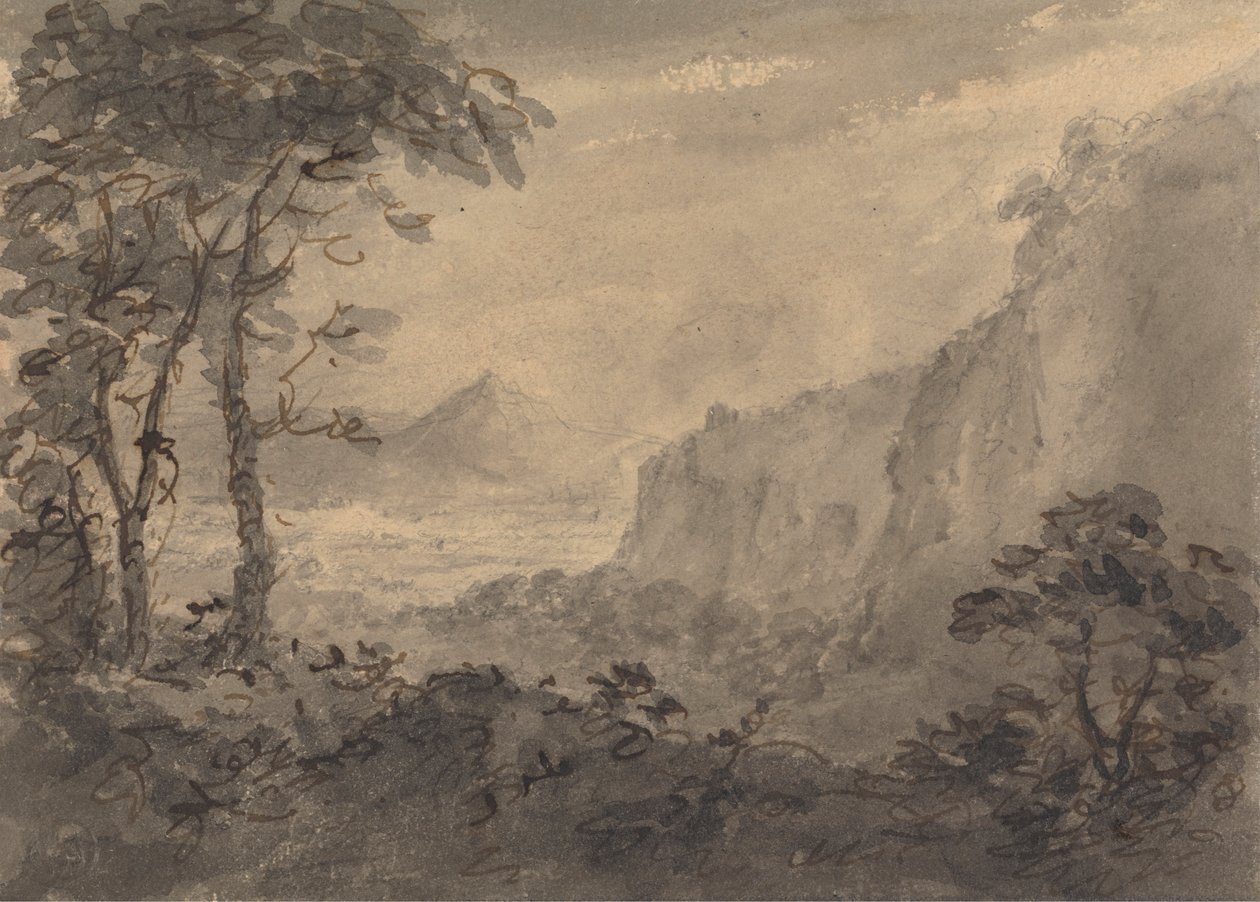 Gebirgslandschaft mit Bäumen - Hohe Felsen rechts von Rev. William Gilpin