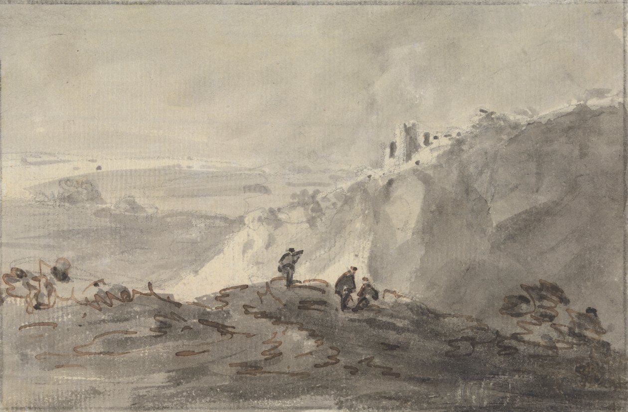 Drei Figuren in einer hügeligen Landschaft mit Ruinen, dahinter von Rev. William Gilpin