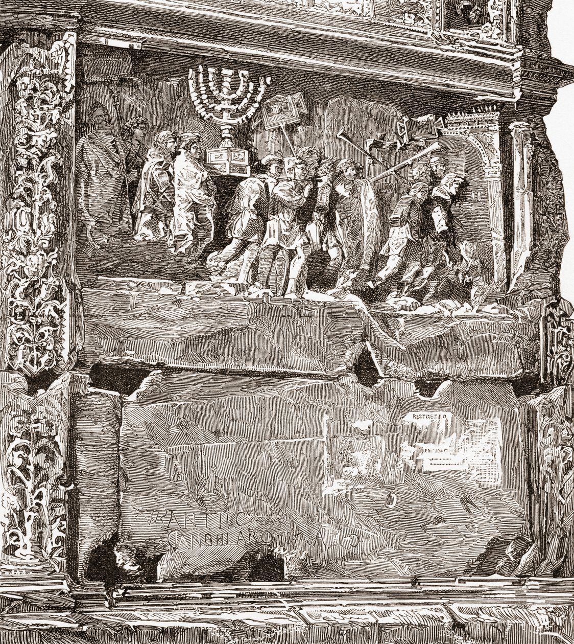 Basrelief des Südpanels "Die Kriegsbeute", das den Triumphzug zeigt, am Titusbogen, Via Sacra, Römisches Forum, Rom, Italien. Aus Italienischen Bildern von Rev. Samuel Manning, veröffentlicht ca. 1890. von Reverend Samuel Manning