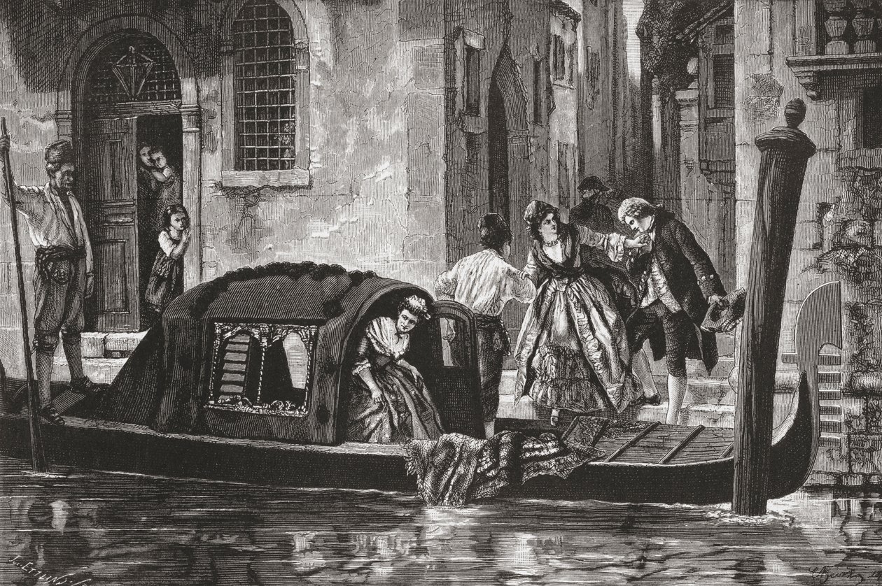 Passagiere steigen aus einer Gondel am Canal Grande, Venedig, Italien im späten 19. Jahrhundert. Aus Italienische Bilder von Rev. Samuel Manning, veröffentlicht ca. 1890. von Reverend Samuel Manning