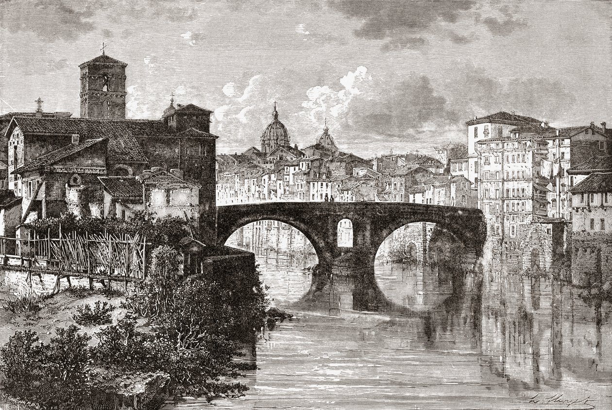 Die Pons Fabricius, oder Ponte dei Quattro Capi, und die Tiberinsel, Rom, Italien im späten 19. Jahrhundert. Aus Italienische Bilder von Rev. Samuel Manning, veröffentlicht um 1890. von Reverend Samuel Manning