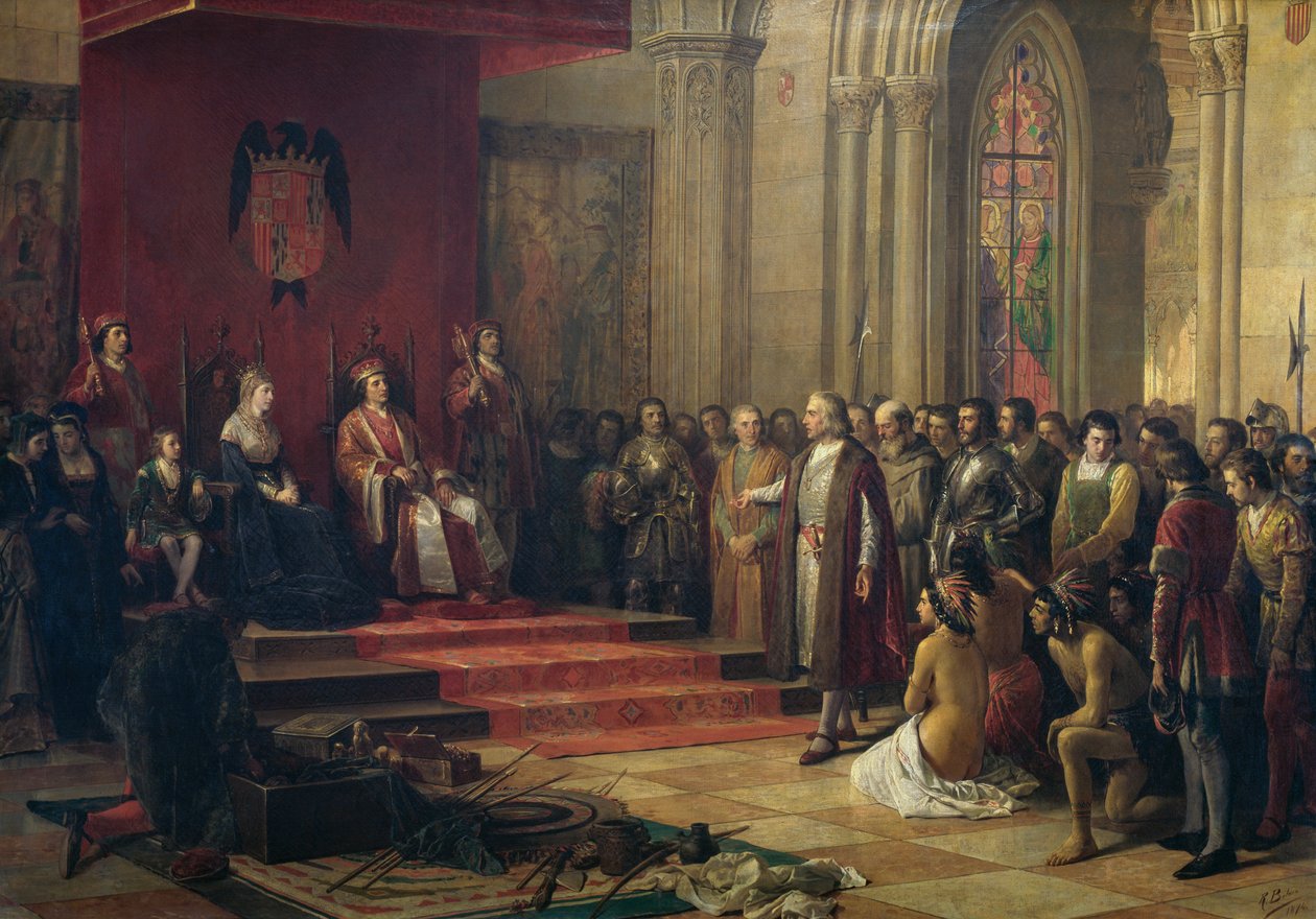 Christoph Kolumbus wird von den katholischen Königen in Barcelona bei seiner Rückkehr von seiner ersten Reise nach Amerika empfangen, Gemälde von 1874 von Ricardo Balaca von Ricardo Balaca y Canseco