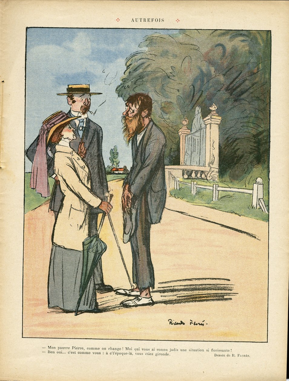 Illustration von Ricardo Flores (1878-1918) in Le Lire, 01/06/12 - Früher - Landschaft, Stadtarchitektur, Elend, Leben der Reichen, Baum - Frauen von Ricardo Flores
