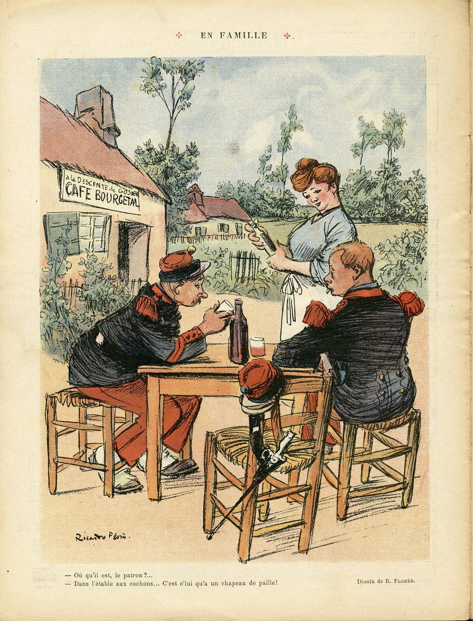 Illustration von Ricardo Flores (1878-1918) in Le Lire, 08/08/08 - Familie - Armee, Restaurant Cafés, Wein, Alkohol Alkoholiker - Kaffeeboy, Kellnerinnen Kellnerinnen, Soldaten von Ricardo Flores