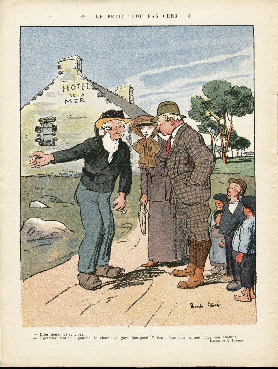 Illustration von Ricardo Flores (1878-1918) in Le Rire, 20/07/12 - Das billige kleine Loch - Landschaft, Mode, Maritime Marine Küste, Herrenmode, Tourismus Touristen, Hotel von Ricardo Flores