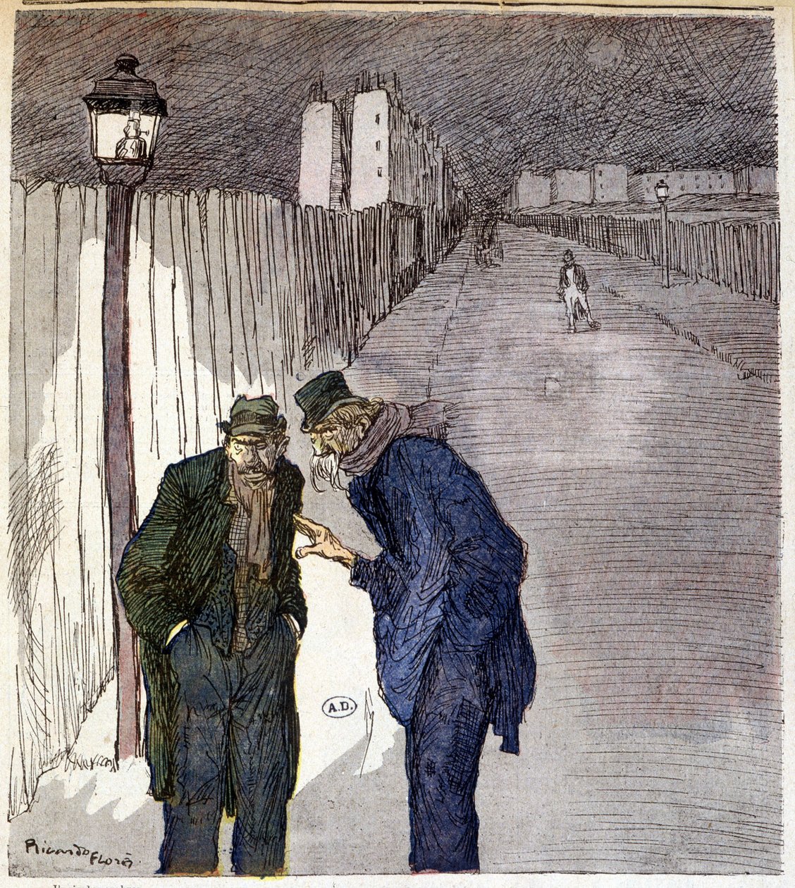 Zwei Männer unterhalten sich in einer düsteren Gasse - Zeichnung von Ricardon Florès von Ricardo Flores