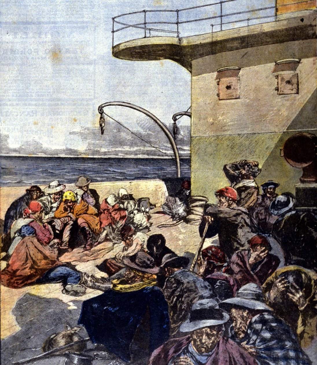 Italienische Auswanderung nach Kanada; die Reise an Bord der Lake Megantic erfolgte unter ziemlich schwierigen Bedingungen. Ill. von R. Pellegrini. La Domenica del corriere. 02/06/1901. von Riccardo Pellegrini
