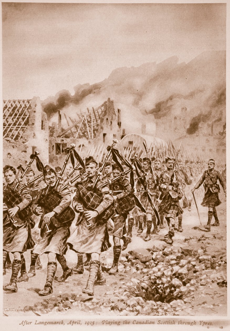 Nach Langemarck, April 1915: Spielen der Canadian Scottish durch Ypern von Richard Caton Woodville junior