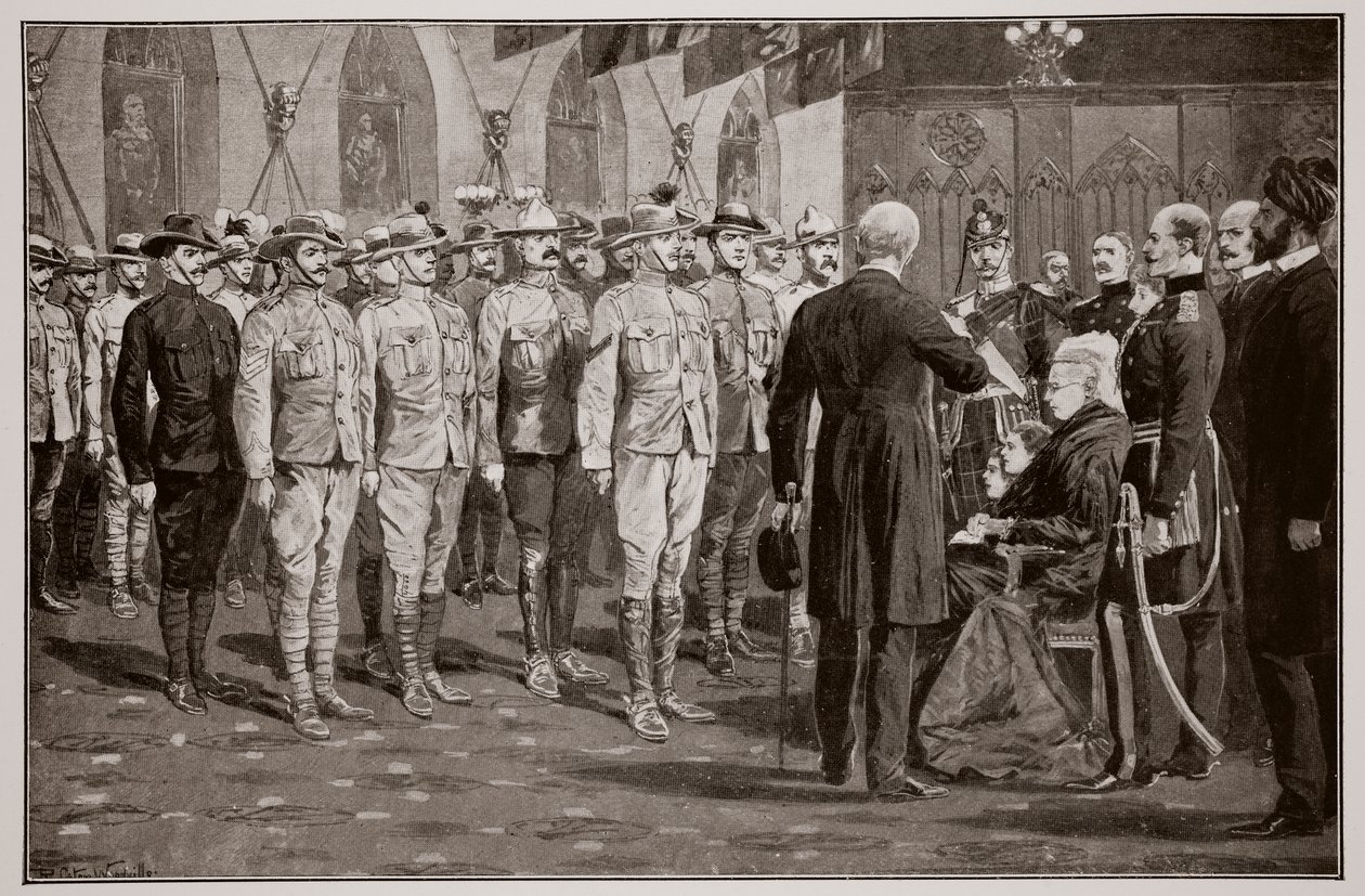 Die Inspektion der Kolonialsoldaten auf Schloss Windsor durch Königin Victoria, 16. November 1900 von Richard Caton Woodville junior