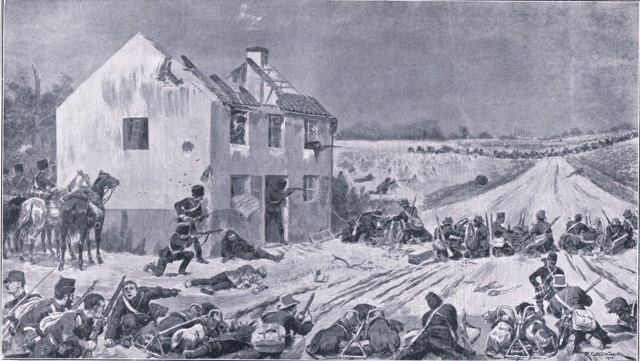 Szene aus der Schlacht von Haelen, wo die belgischen Truppen die Eindringlinge besiegten, aus Der Große Krieg, The Amalgamated Press Limited, 1914 von Richard Caton Woodville