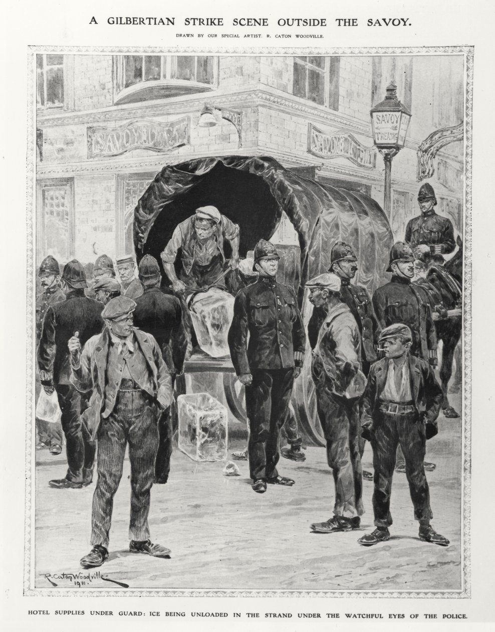Eine Gilbertianische Streikszene vor dem Savoy, 1910 von Richard Caton after Woodville