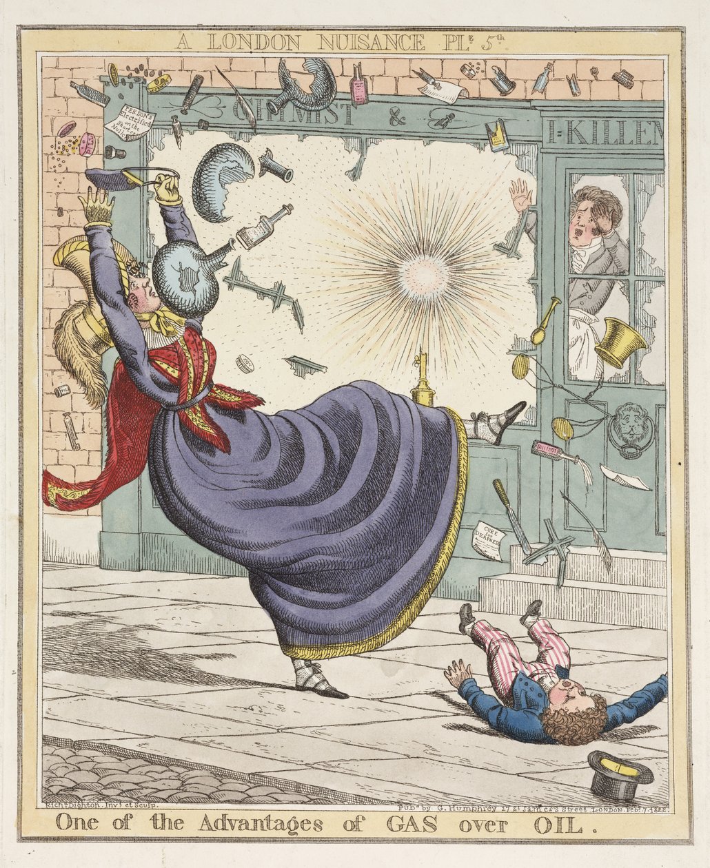 Einer der Vorteile von Gas gegenüber Öl, Tafel 5 aus A London Nuisance, 1822 von Richard Dighton