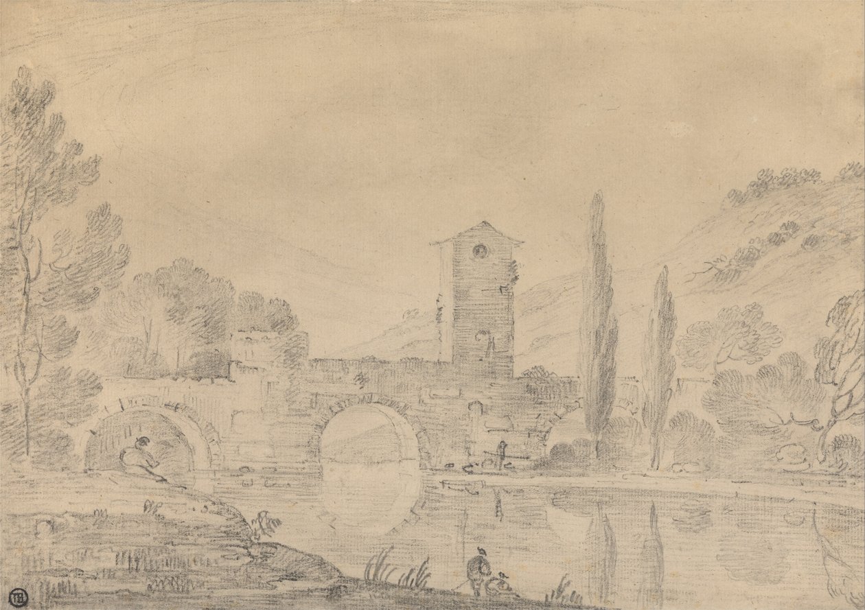 Italienische Landschaft mit dreibogiger Brücke, Brückenhaus, Figuren am nahen Ufer und Pappeln am fernen Ufer von Richard Wilson