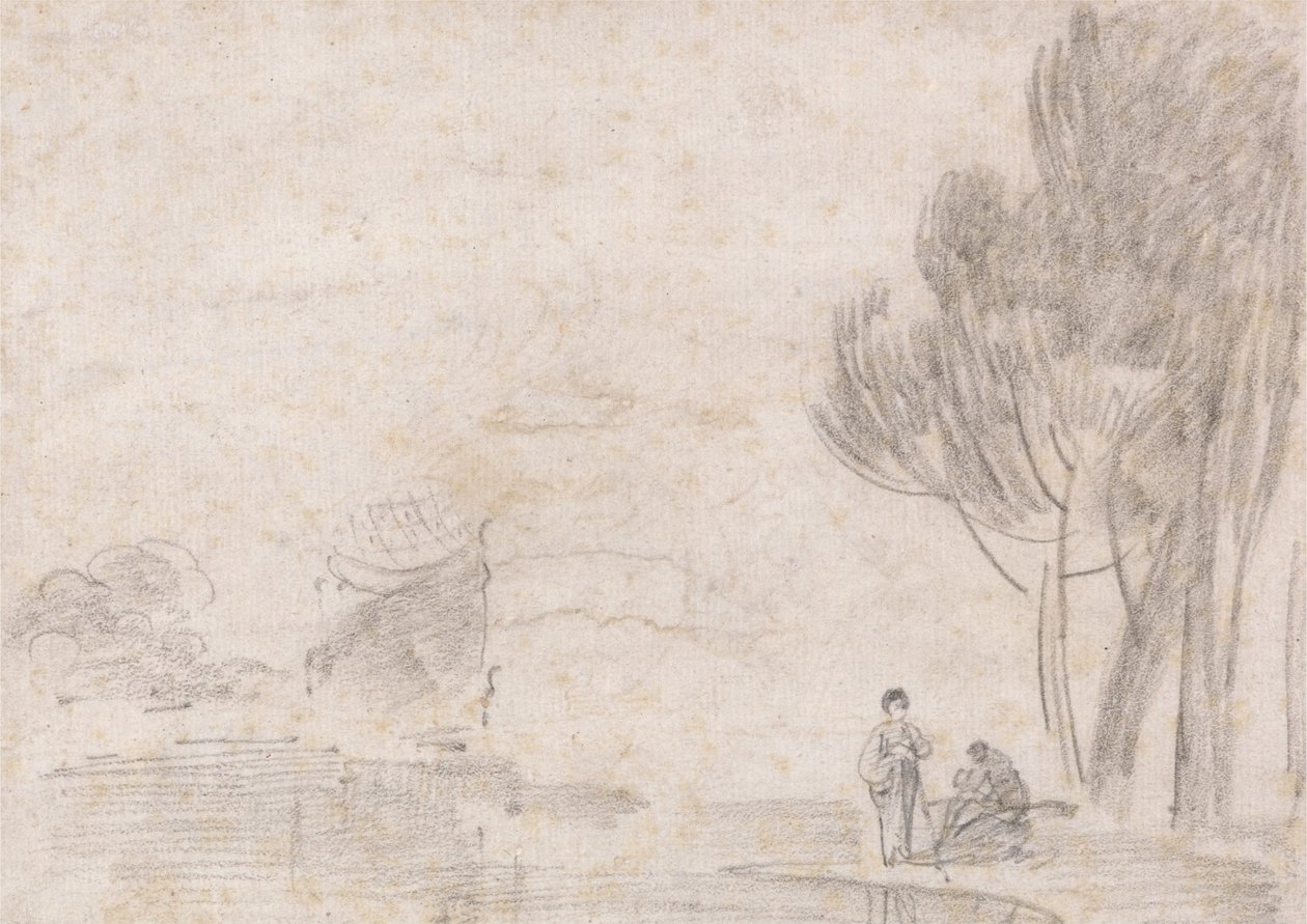 Ruinen des Tempels der Minerva, zwei Figuren am Flussufer von Richard Wilson
