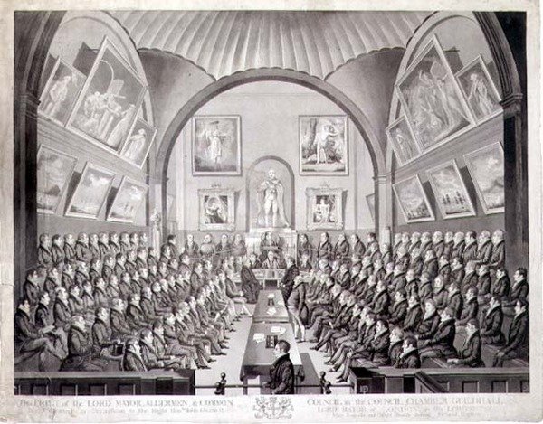 Der Lord Mayor, Aldermen und Common Council im Ratssaal des Guildhall, London, graviert von Thomas Sutherland, veröffentlicht 1825 von Richard (after) Dighton