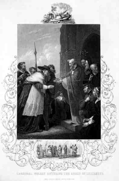 Kardinal Wolsey betritt die Abtei von Leicester, in Henry VIII von William Shakespeare, gestochen von A.H. Payne von Richard (after) Westall