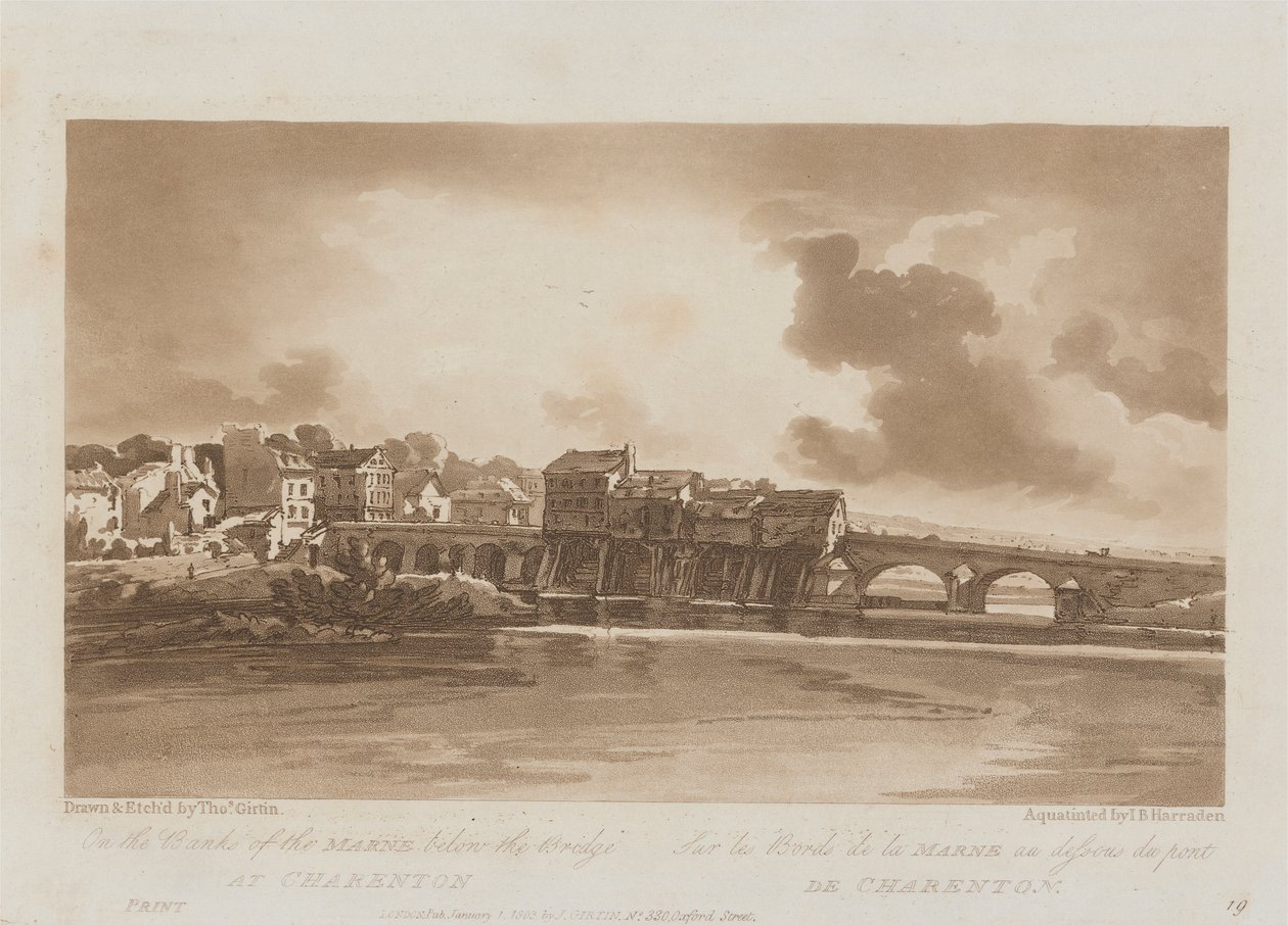 An den Ufern der Marne unterhalb der Brücke bei Charenton 1803; Platte 19 aus Ansichten in Paris, das Emanuel-Volumen Nachzeichnung der Platte B1981.25.2628 von Richard Banks Harraden