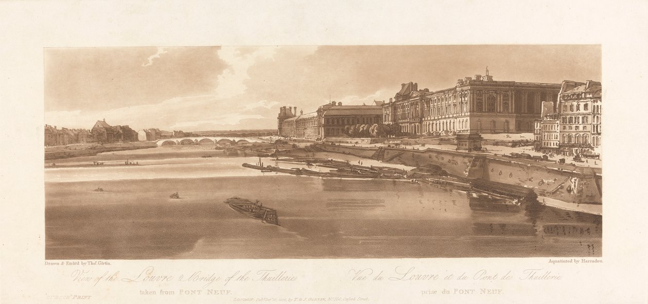 Ansicht des Louvre und der Brücke der Thuilleries, vom Pont Neuf aus gesehen. 1802; Tafel 2 aus Ansichten in Paris, das Emanuel-Volumen Nachzeichnung der Platte, B1981.25.2613 von Richard Banks Harraden