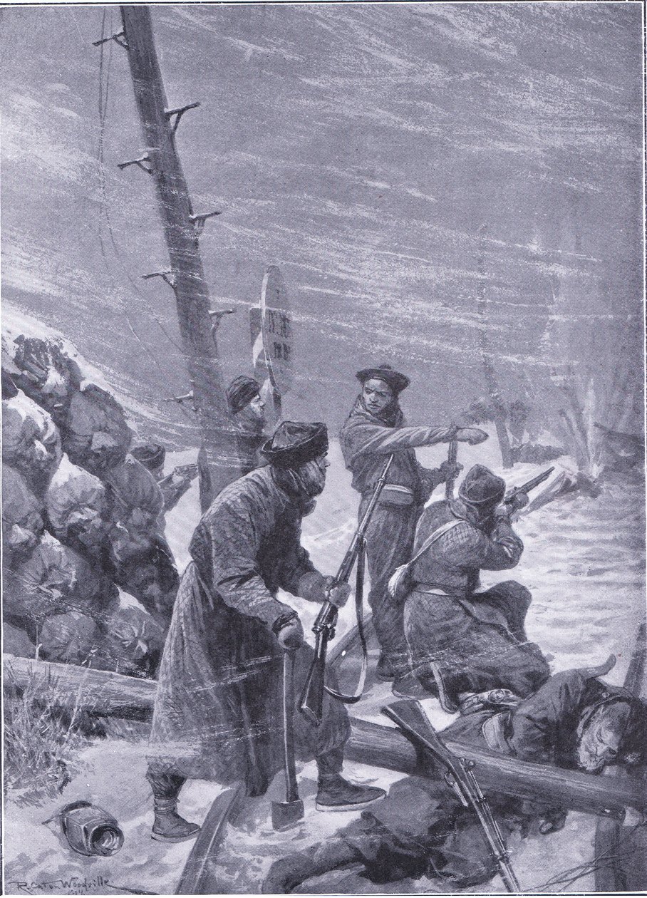 Angriff auf die Eisenbahn durch Chunchuses, Illustration aus Cassells Geschichte des Russisch-Japanischen Krieges Band 1, ca. 1900 von Richard Caton Woodville