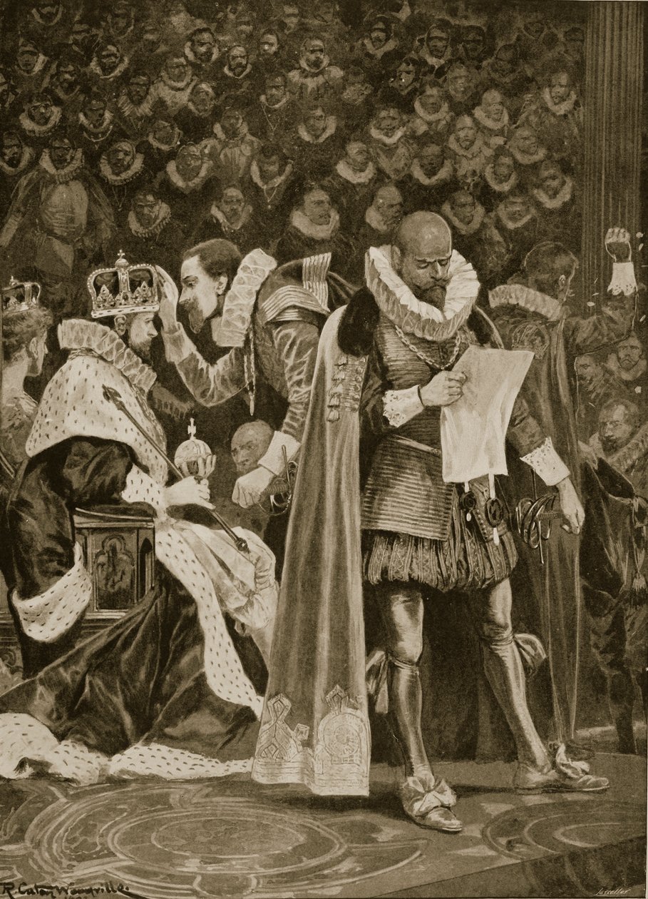 Die Huldigung, die Freigiebigkeit und die allgemeine Begnadigung bei der Krönung von James I. und Anne von Dänemark, 25. Juli 1603, aus 