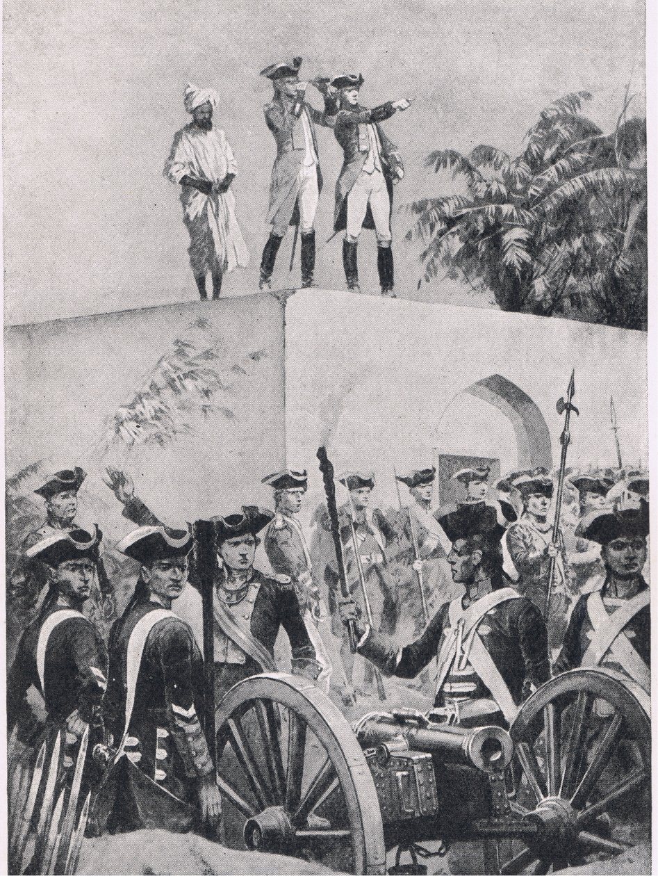 Schlacht von Plessey, 23. Juni 1757: Clive auf dem Dach der Jagdhütte von Nawab Surat-ud-Daula, Illustration aus Britische Schlachten zu Land und zu Wasser, 1915 von Richard Caton Woodville junior