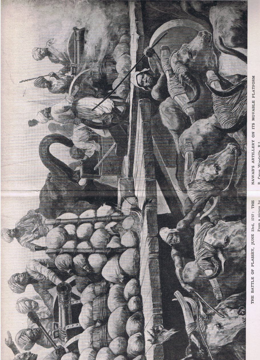 Die Schlacht von Plessey 23. Juni 1757: Die Artillerie des Nawabs auf ihrer beweglichen Plattform, Illustration aus Britische Schlachten zu Land und zu Wasser, 1915 von Richard Caton Woodville junior