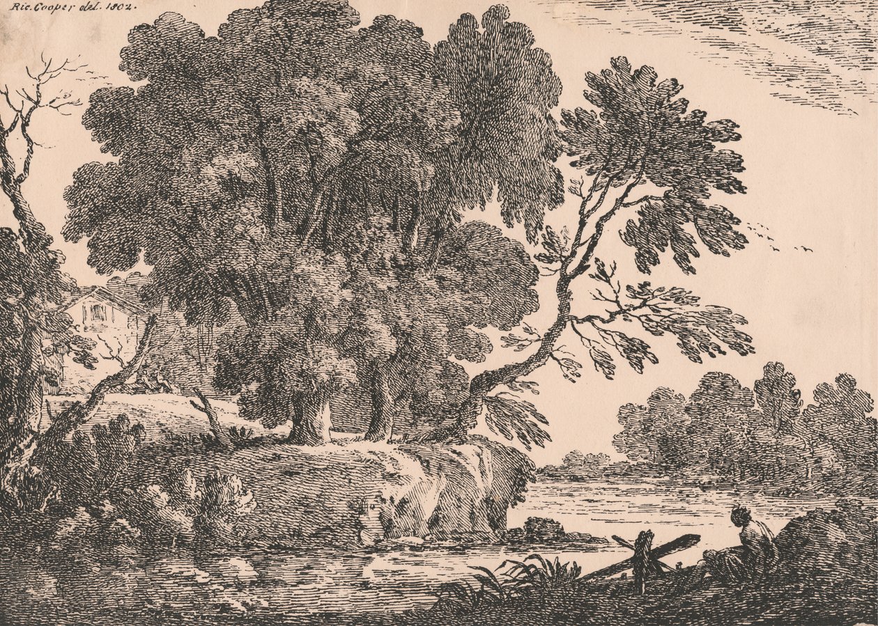 Landschaft mit Baumgruppe, umgeben von Wasser, Cottage links, Frau im Vordergrund rechts sitzend von Richard Cooper the Elder