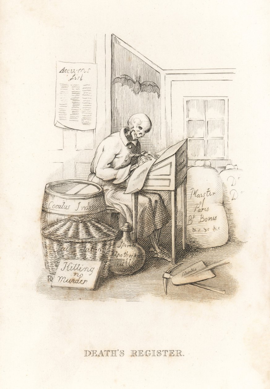 Das Skelett des Todes und sein Hauptbuch (1827, Gravur) von Richard Dagley