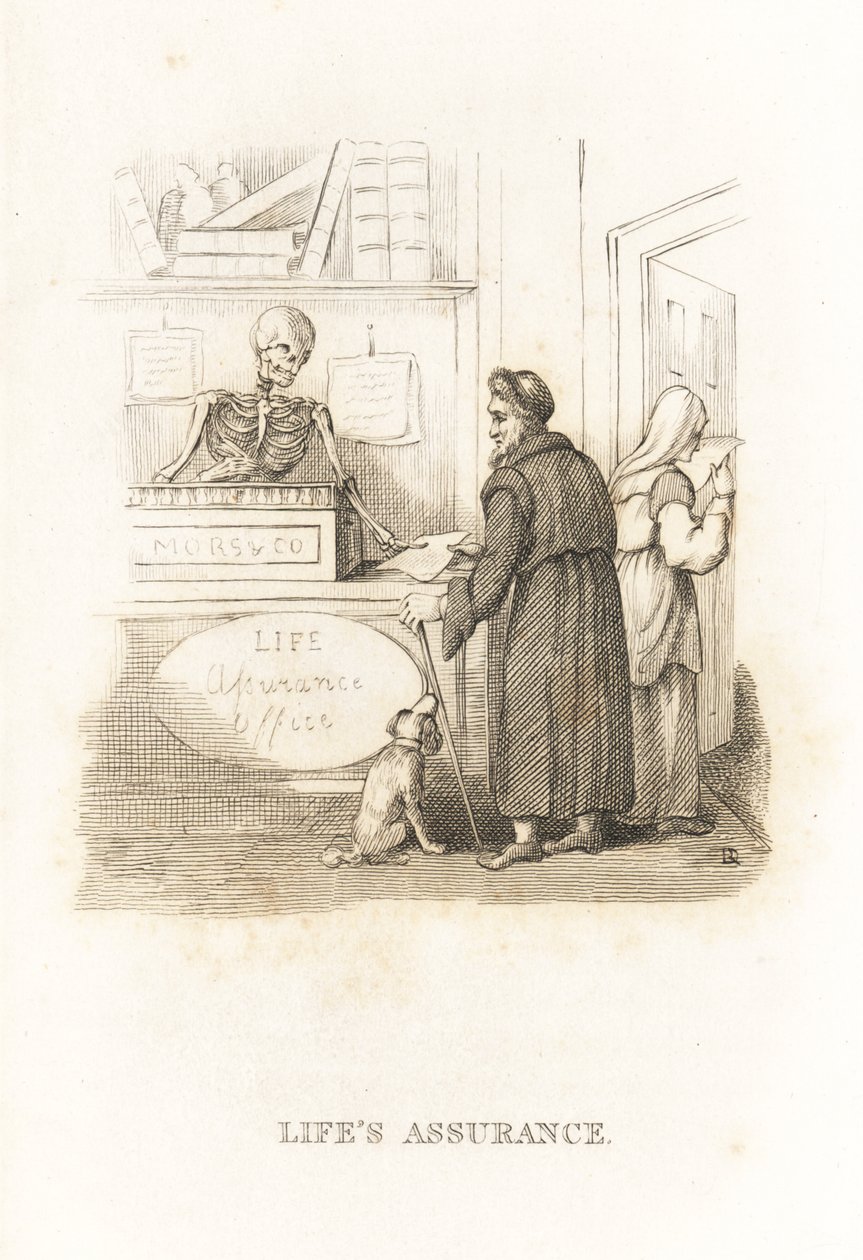 Das Skelett des Todes im Versicherungsbüro (1827, Gravur) von Richard Dagley