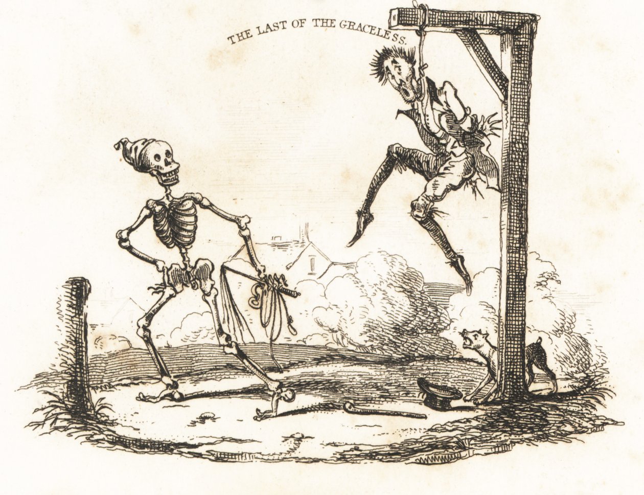 Vignette eines Skeletts und eines Mannes, der an einem Galgen hängt, 1827 von Richard Dagley