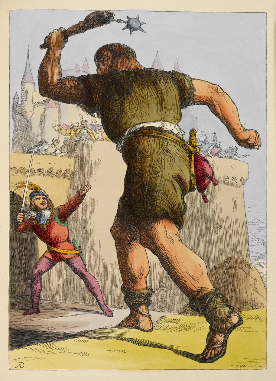 Jack bereit, gegen einen Riesen vor einer Burg zu kämpfen. Farbige Illustration in einem Kinderbuch von Richard Doyle