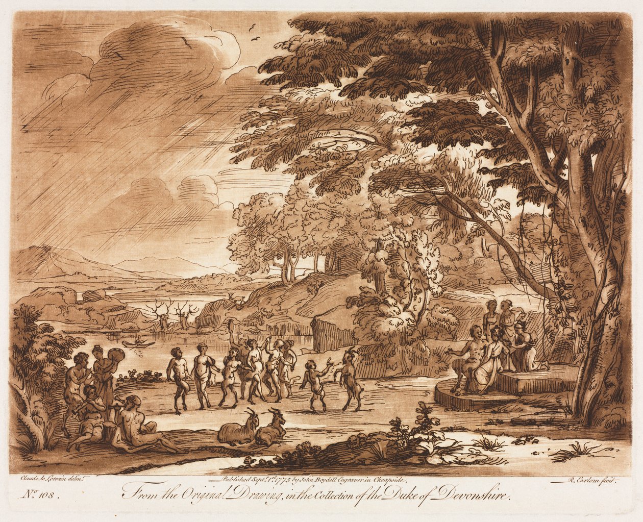 Liber Veritatis: Nr. 108, Landschaft mit tanzenden Satyrn und Nymphen, 1775 von Richard Earlom