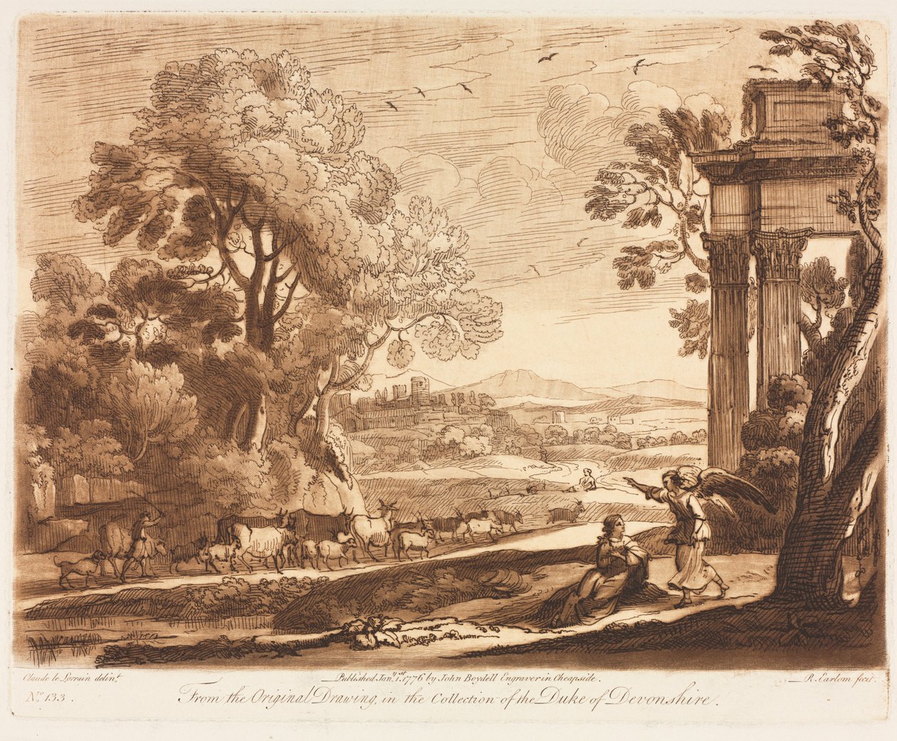 Liber Veritatis: Nr. 133, Eine Landschaft mit Vieh und der Engel tröstet Hagar von Richard Earlom
