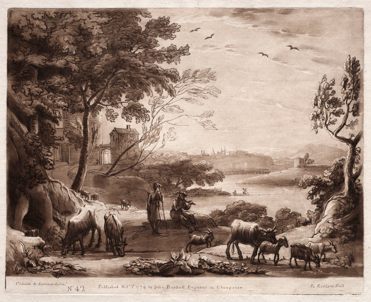 Liber Veritatis: Nr. 42, Eine Flusslandschaft mit einem Schäfer und einer Schäferin, 1774 von Richard Earlom