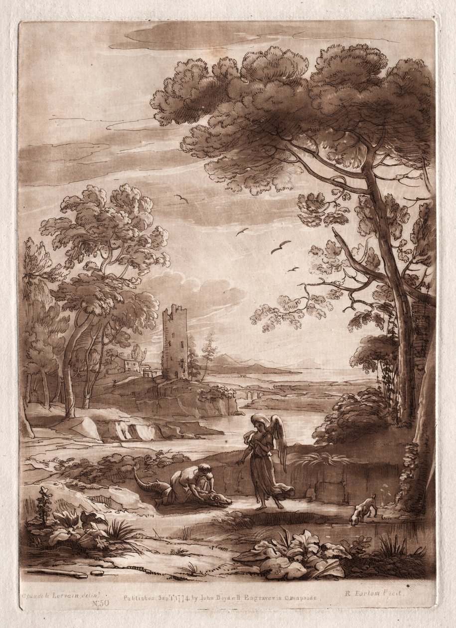 Liber Veritatis: Nr. 50, Eine Flusslandschaft mit Tobias und dem Engel von Richard Earlom