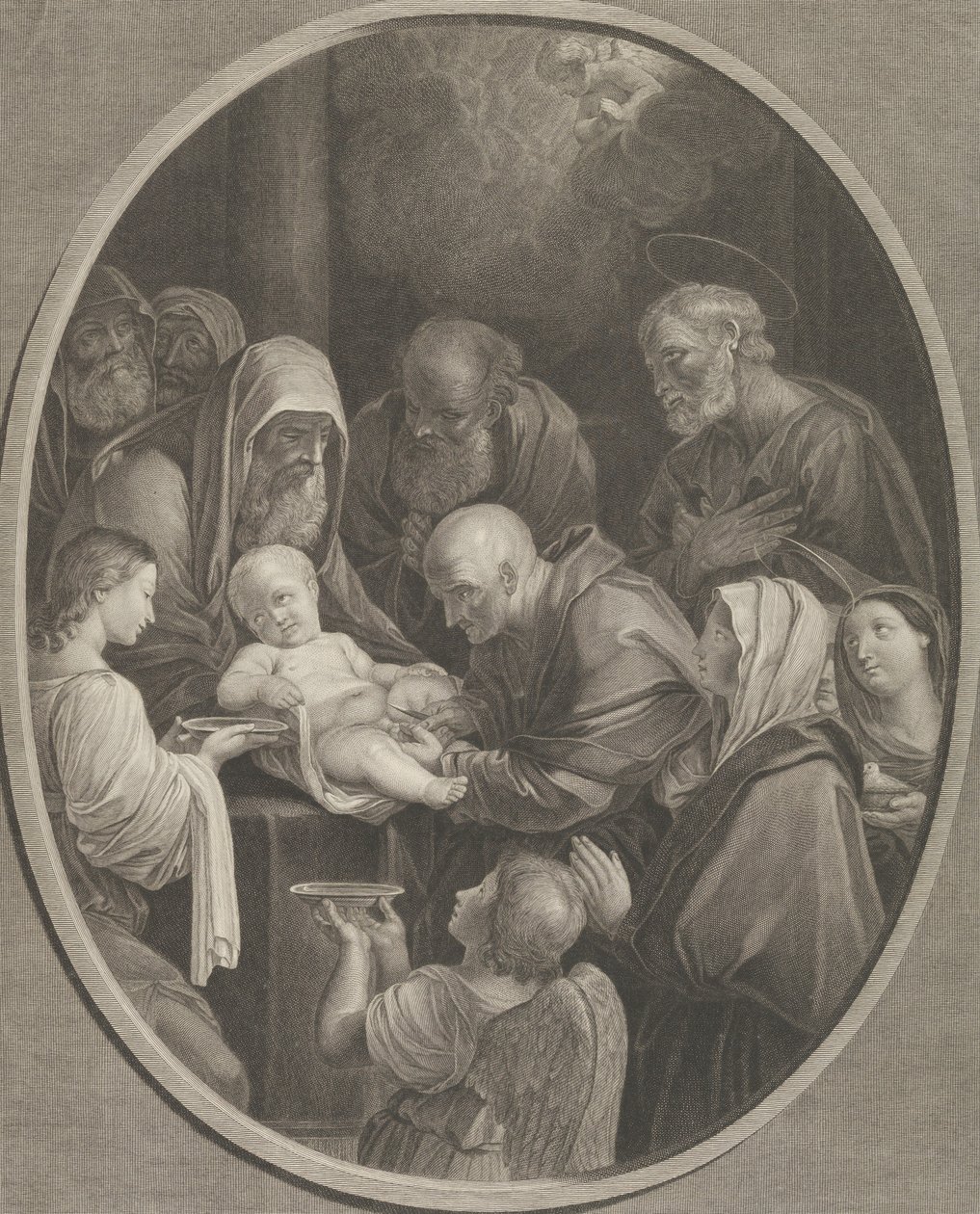 Die Beschneidung Christi, eine Gruppe von Männern und Frauen um ihn herum, ein Engel im Vordergrund von Richard Earlom