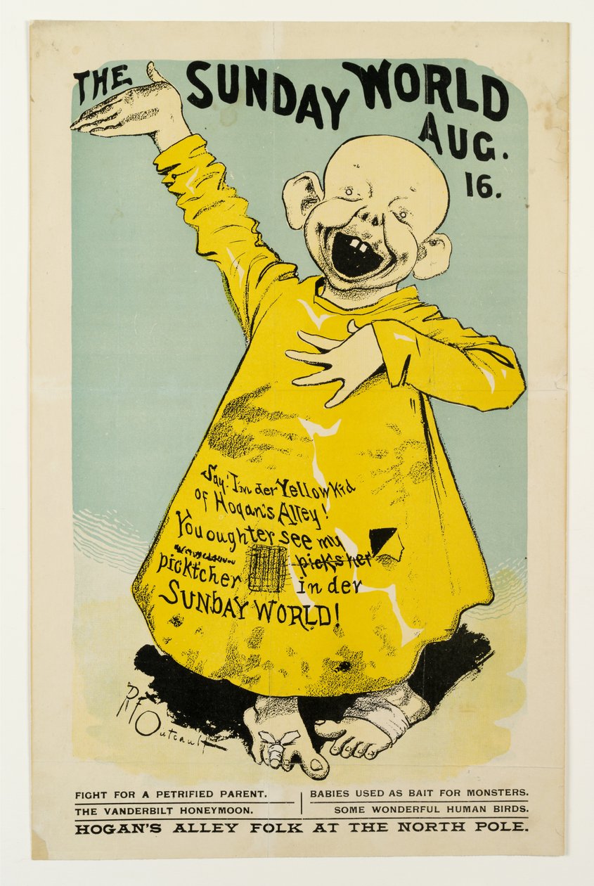 The Sunday World Aug. 16: Sag, ich bin der Yellow Kid von Hogans Alley..., ca. 1895-98 von Richard Felton Outcault