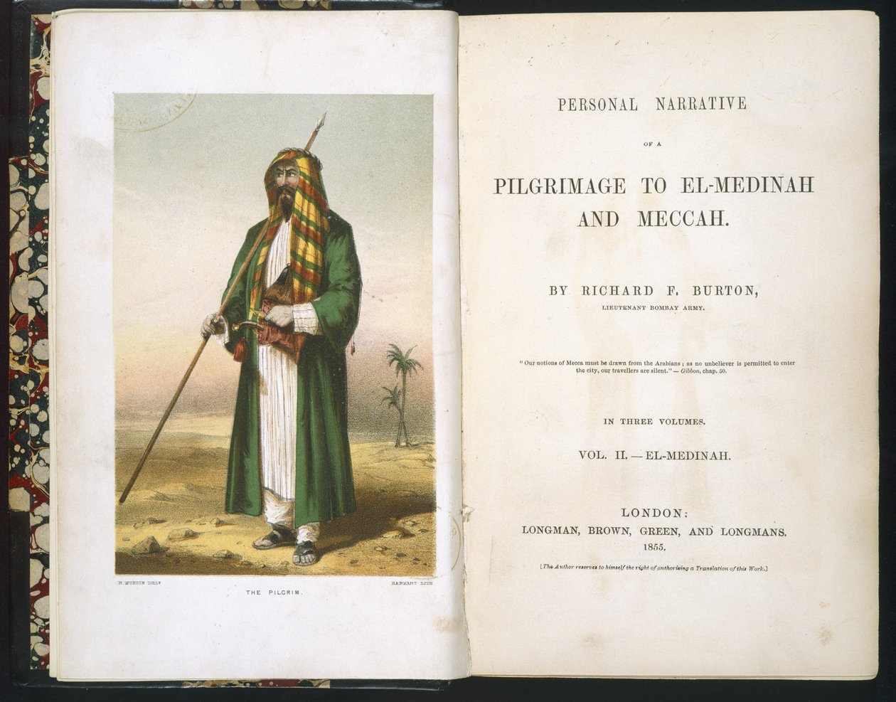 Titelblatt zu Richard F. Burton, "Bericht über meine Pilgerfahrt nach Medina und Mekka", Band II., 1855 von Richard Francis Burton