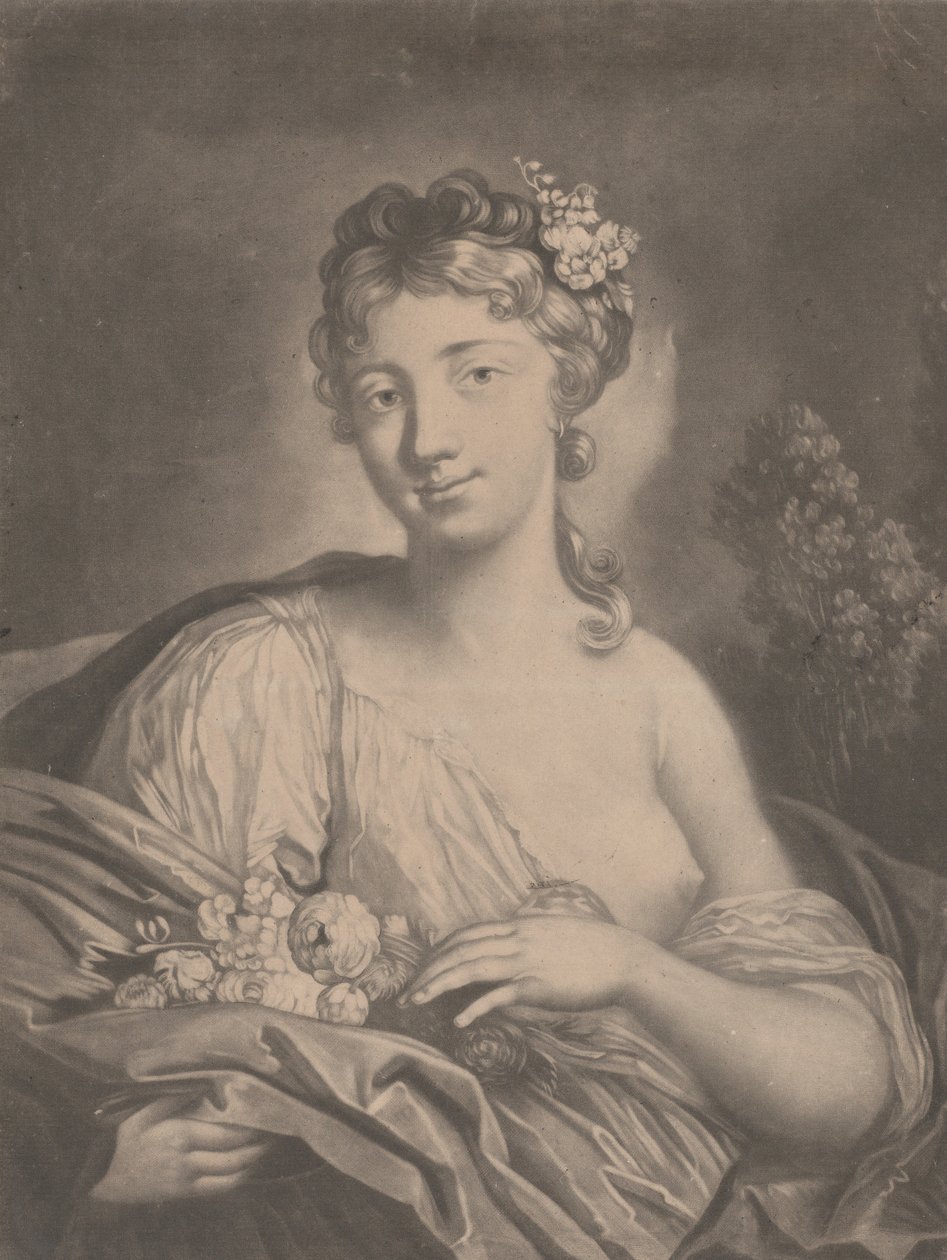 Frühling: eine junge Frau hält Blumen in ihrem Umhang, 1775 von Richard Houston