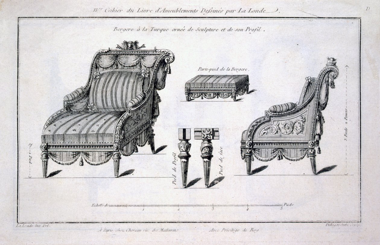 Bergère-Sessel im türkischen Stil, aus Oeuvres diverses de Lalonde, decorateur et dessinateur, veröffentlicht 1780-96 von Richard Lalonde