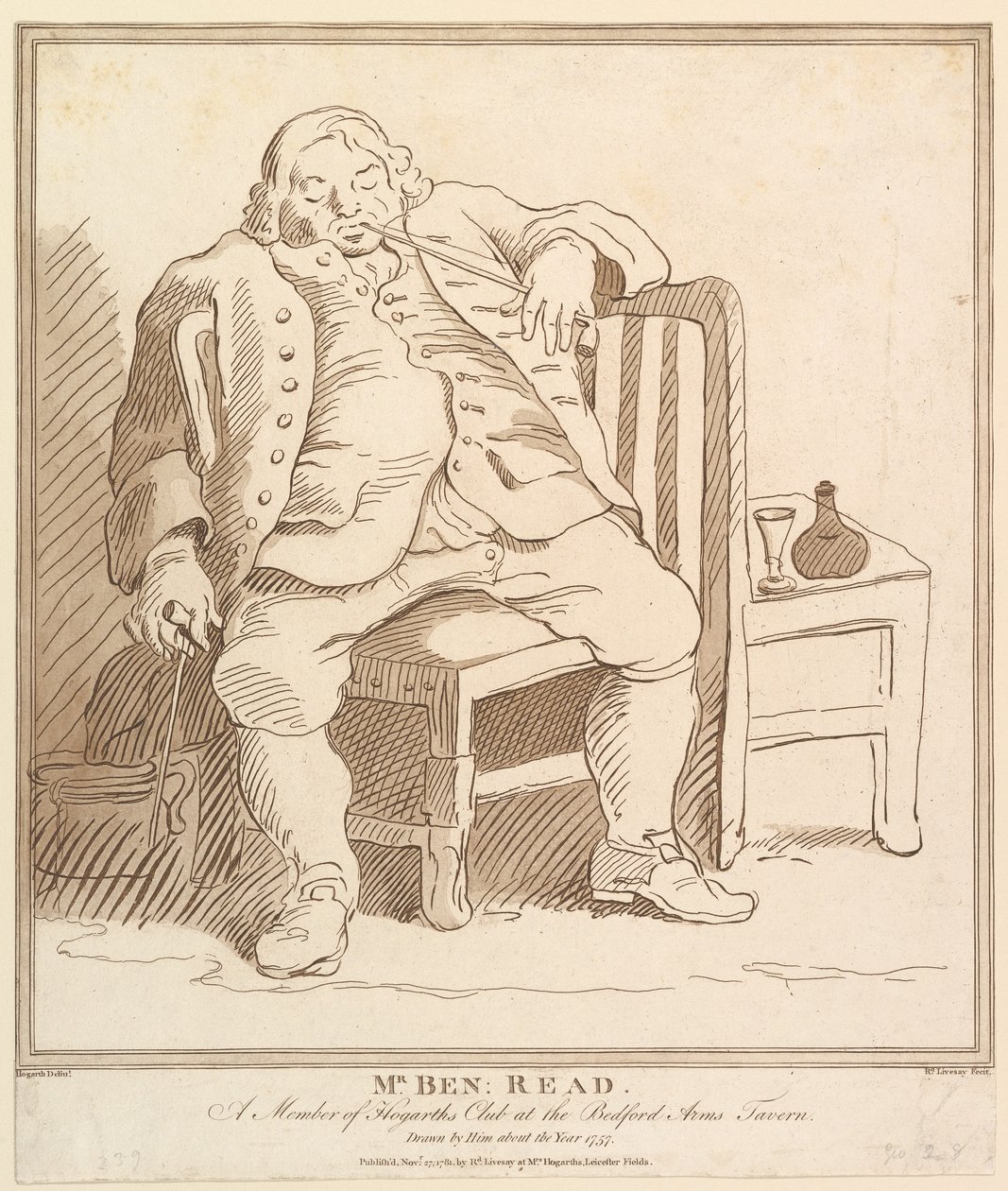 Mr. Ben: Read, Ein Mitglied des Hogarth Clubs in der Bedford Arms Tavern, gezeichnet..., 27. November 1781 von Richard Livesay