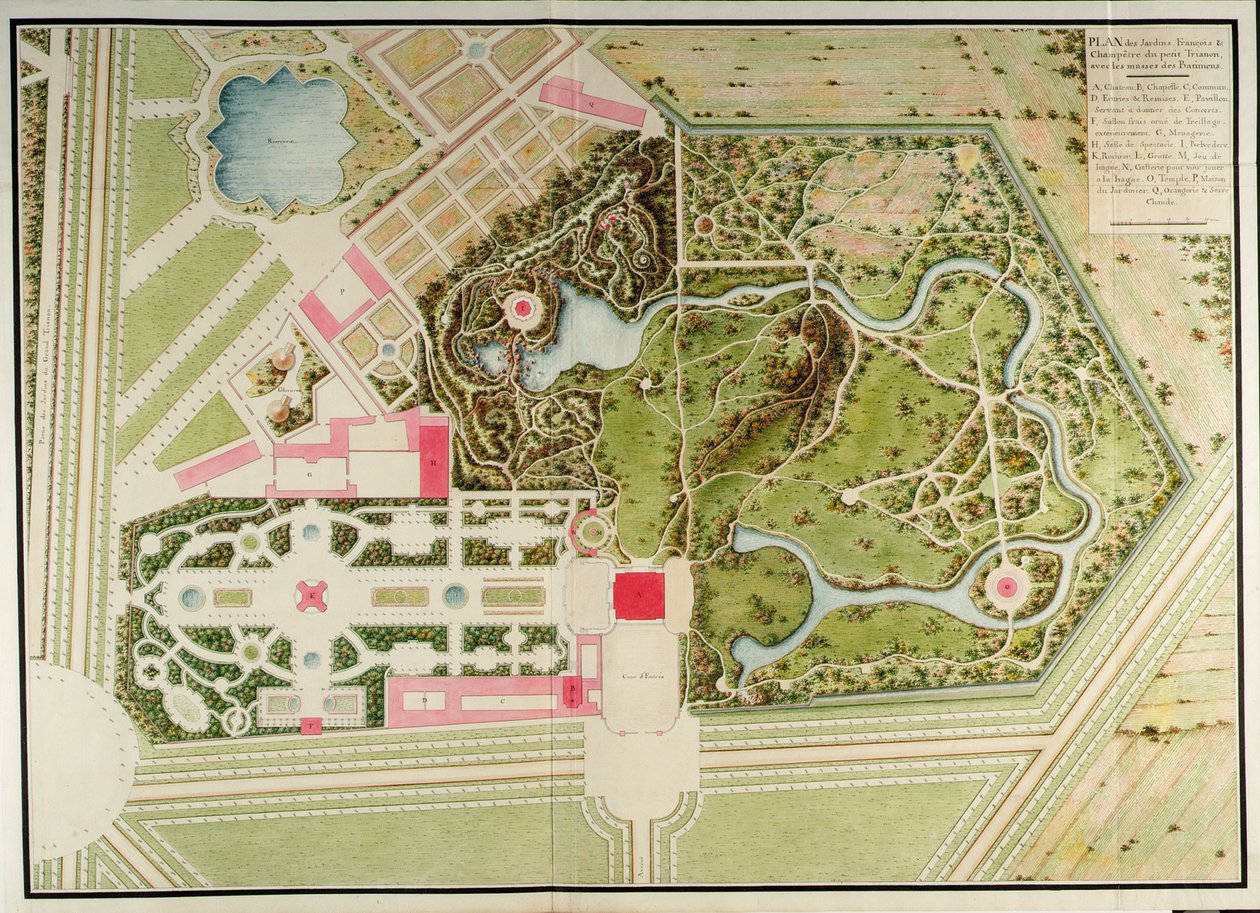 Plan des französischen und ländlichen Gartens des Petit-Trianon mit den Massen des Gebäudes, aus Recueil des plans du Petit Trianon von Richard Mique von Richard Mique